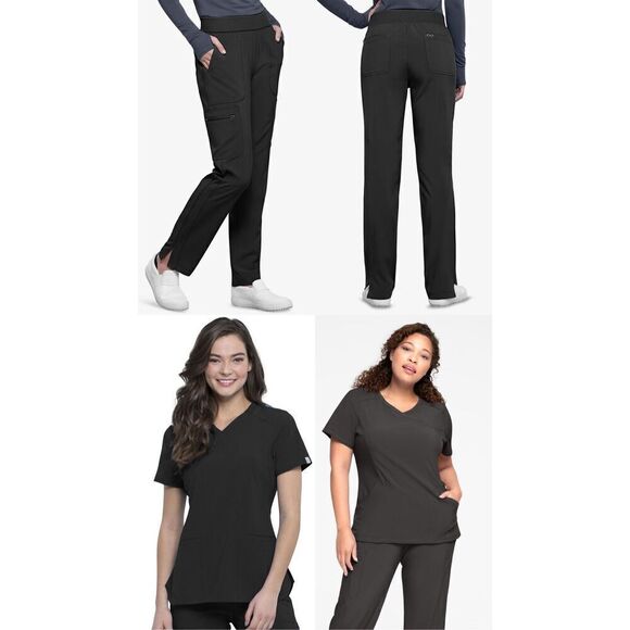 Infinity Women's 6-Pocket STRETCH Rib-Knit Waistband Cargo Scrub Pants & 2 Tops - Picture 1 of 10